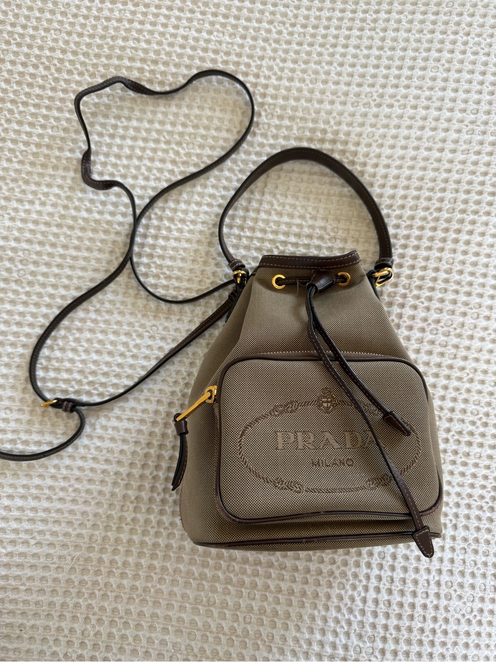 Prada Taupe Canvas Mini Drawstring Crossbody with Dark Brown Trim
